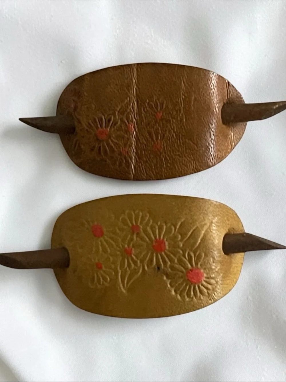 Handcrafted Floral Leather Hair Barrette - Brown and Tan